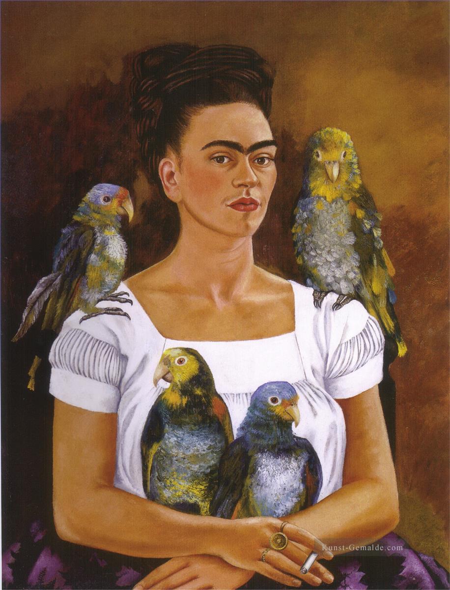 Ich und mein Papageien Feminismus Frida Kahlo Ölgemälde
